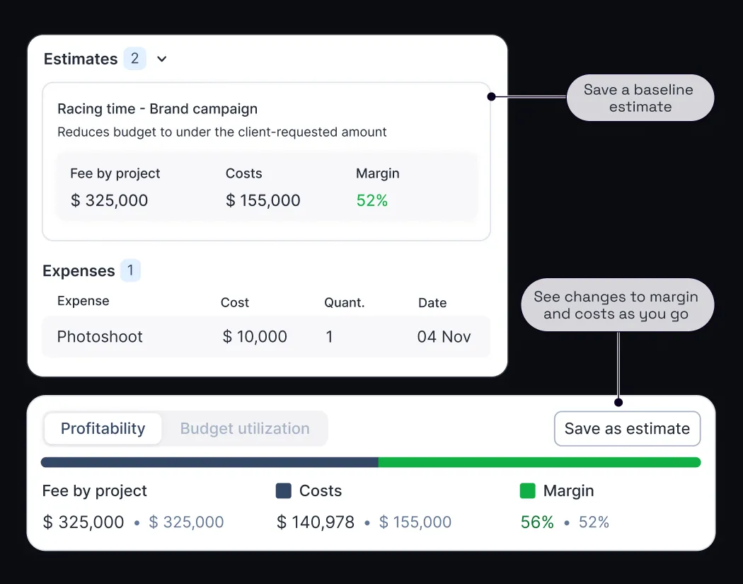 Two product modals, one showing the save estimate as a baseline, the other showing the estimated project budget utilization, cost, and margin.